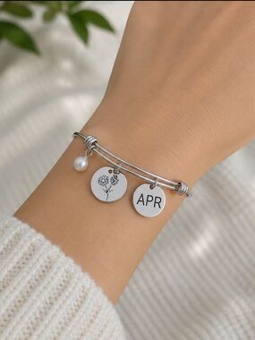 April Birthday Birth Flower Charm Silver Bangle Bracelet Pearl Adjustable